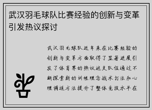 武汉羽毛球队比赛经验的创新与变革引发热议探讨