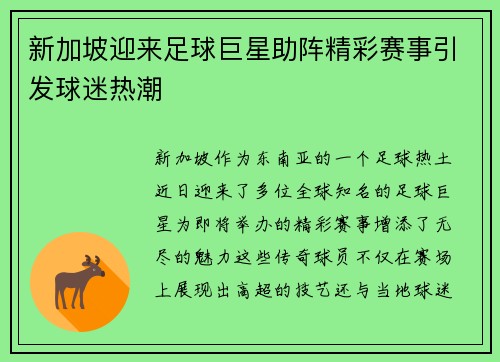 新加坡迎来足球巨星助阵精彩赛事引发球迷热潮